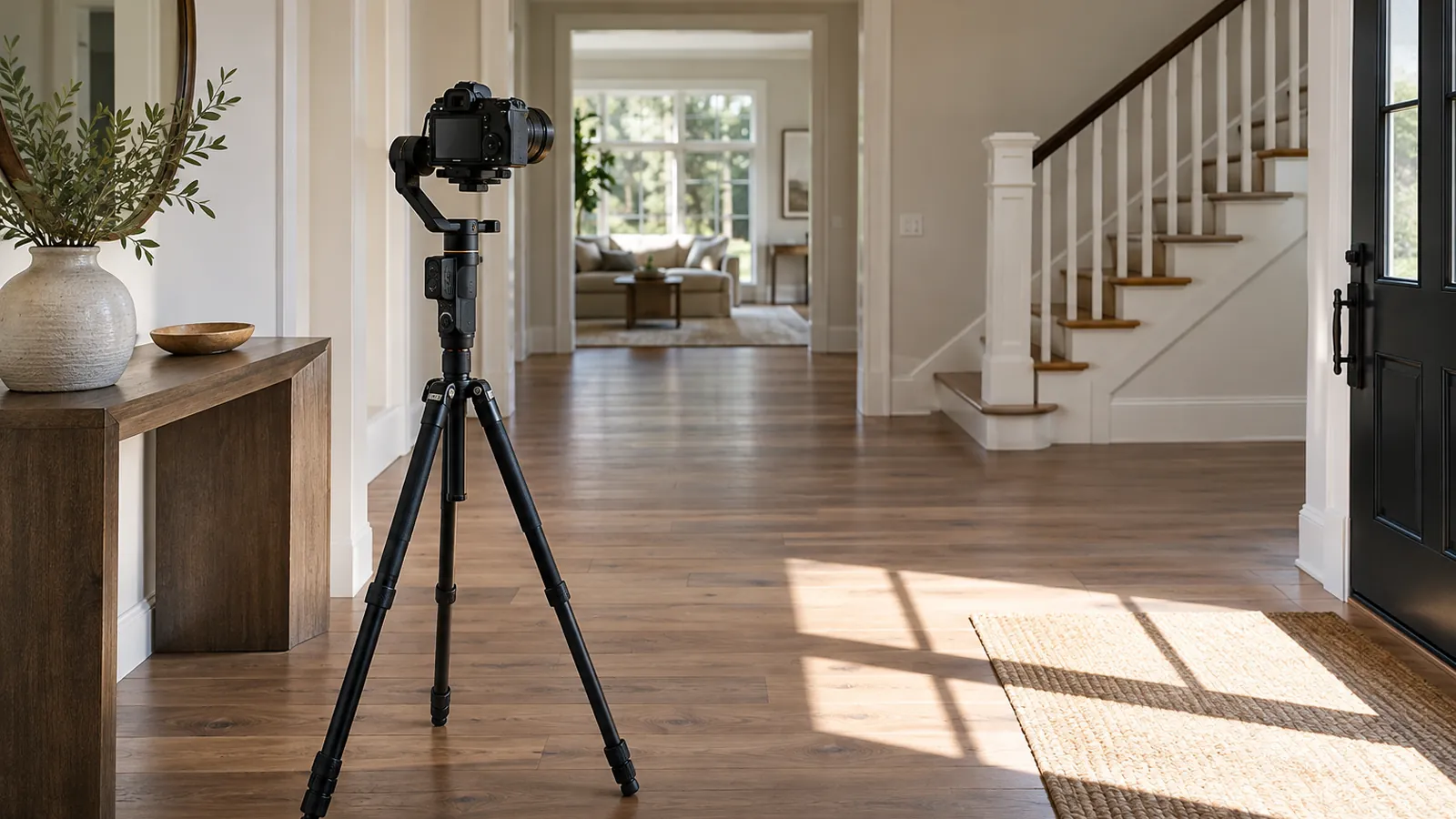 A camera on a gimbal and tripod in the sunlit foyer of a staged suburban home