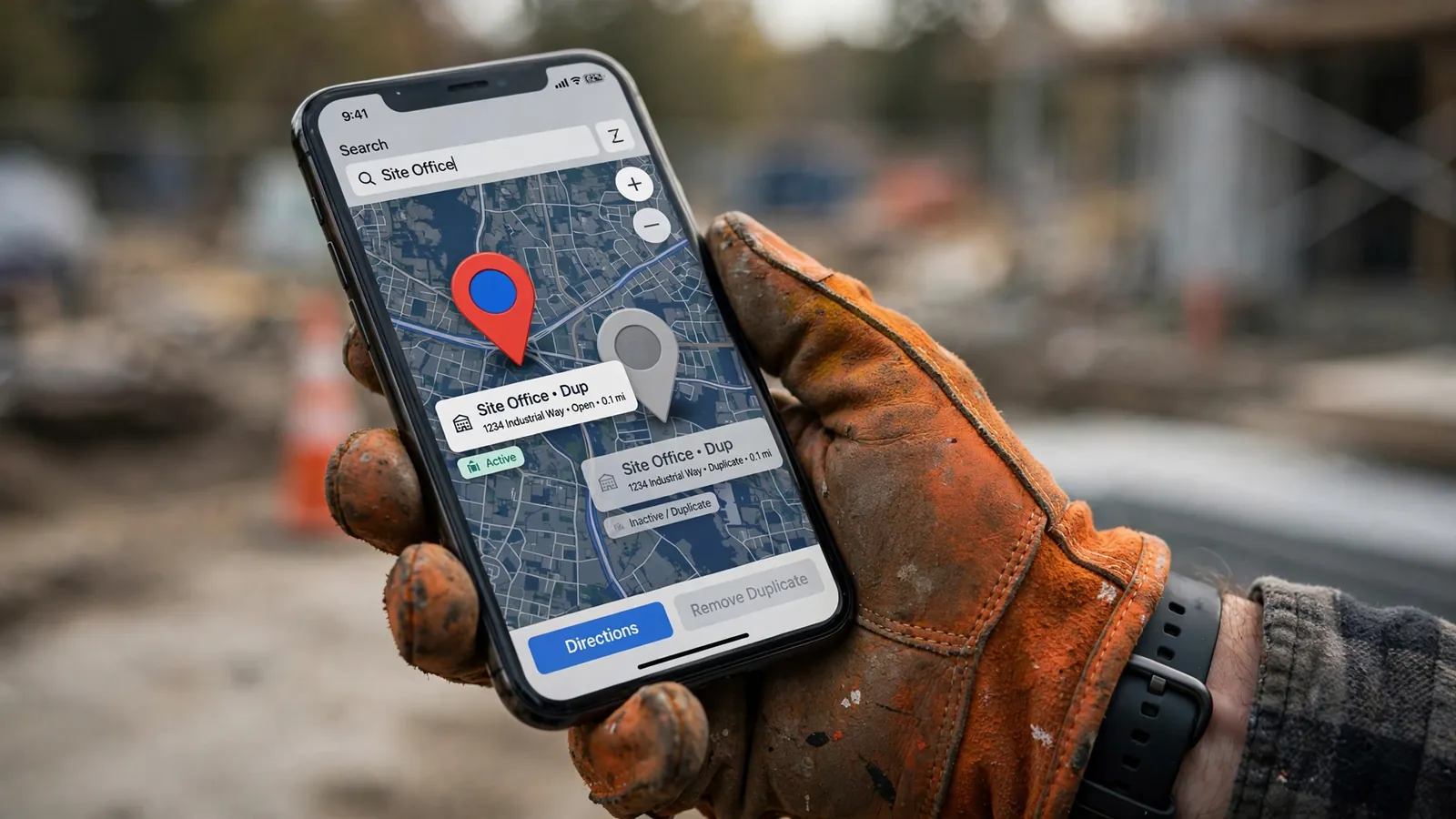 A work-gloved hand holding a phone showing two map pins for the same business, one marked as a duplicate