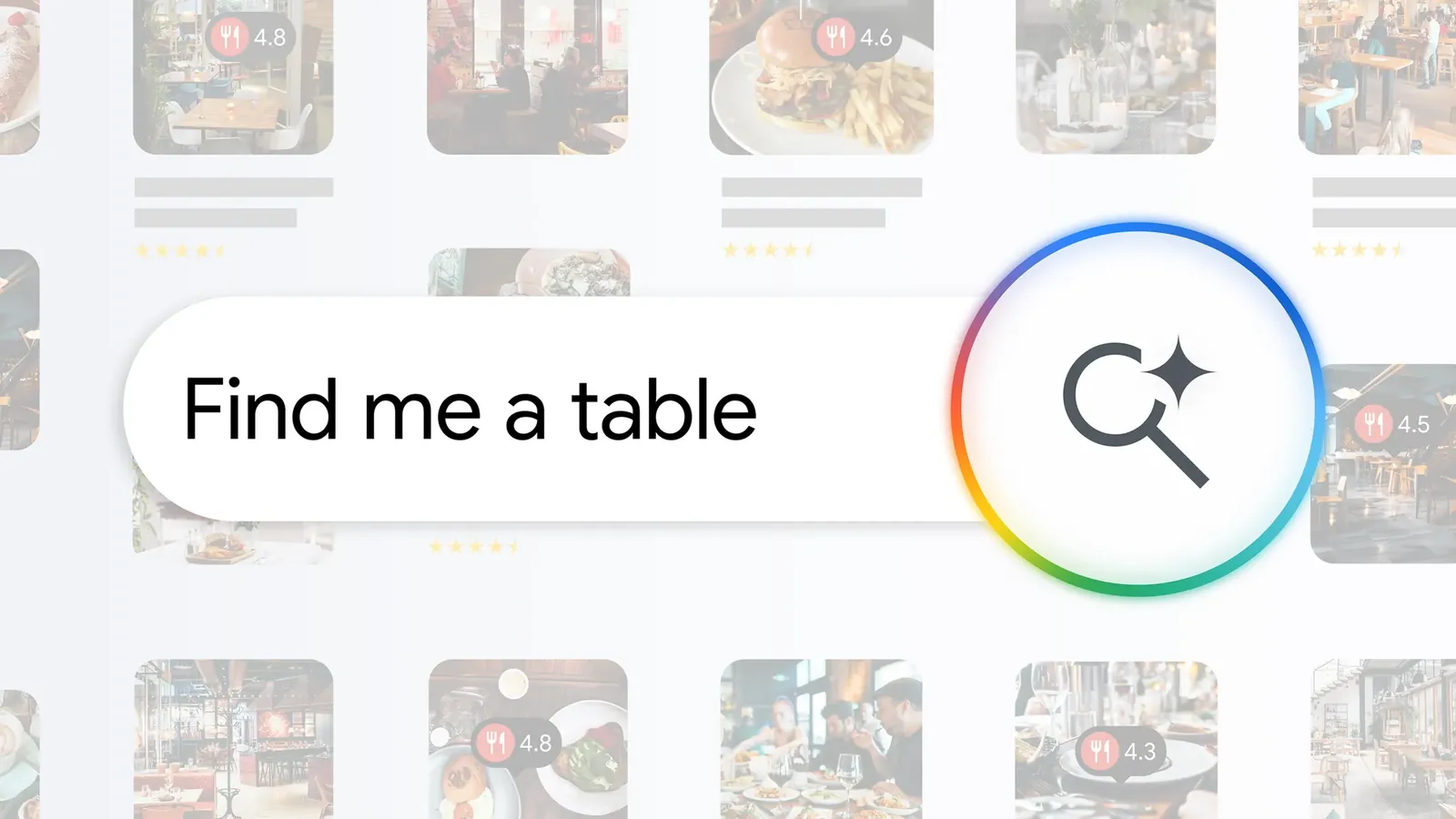 Google's AI Mode search bar reading Find me a table over a grid of restaurant photos with star ratings