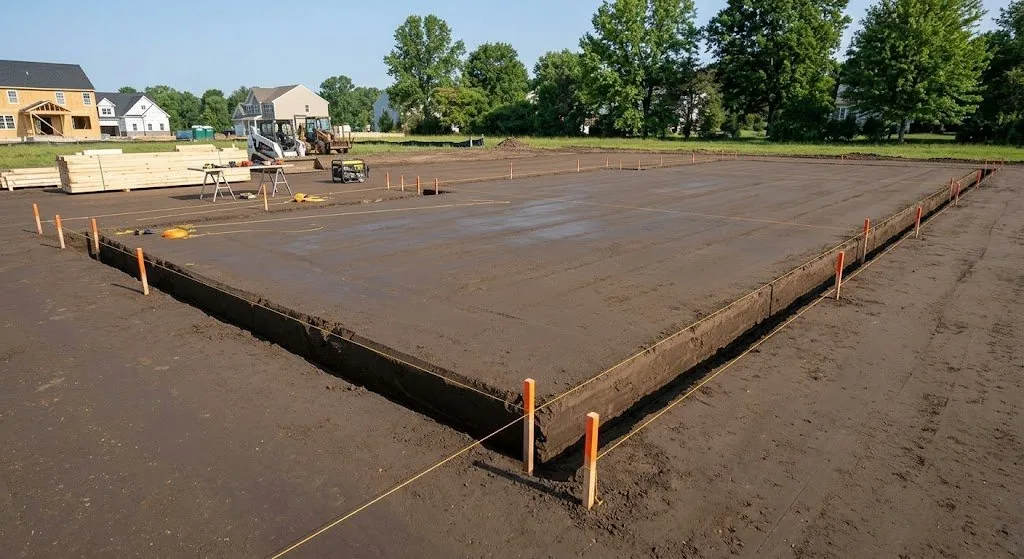Graded foundation site with trench ready for NJ construction