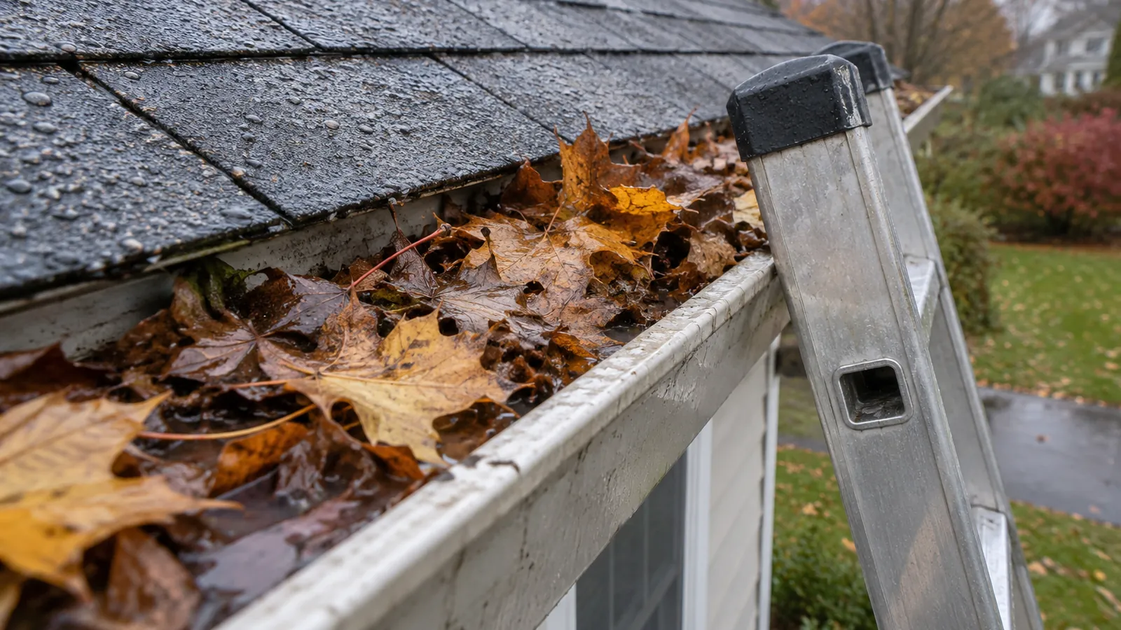 Wet autumn leaves packed in a gutter with a ladder leaning against the roof