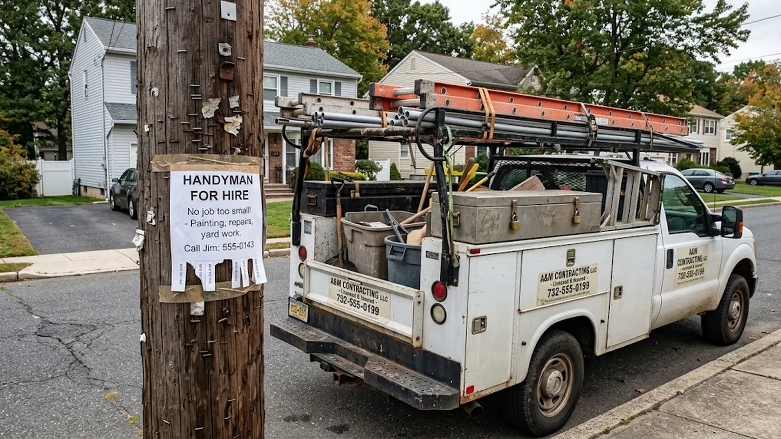 A handyman flyer stapled to a utility pole next to a fully loaded contractor truck