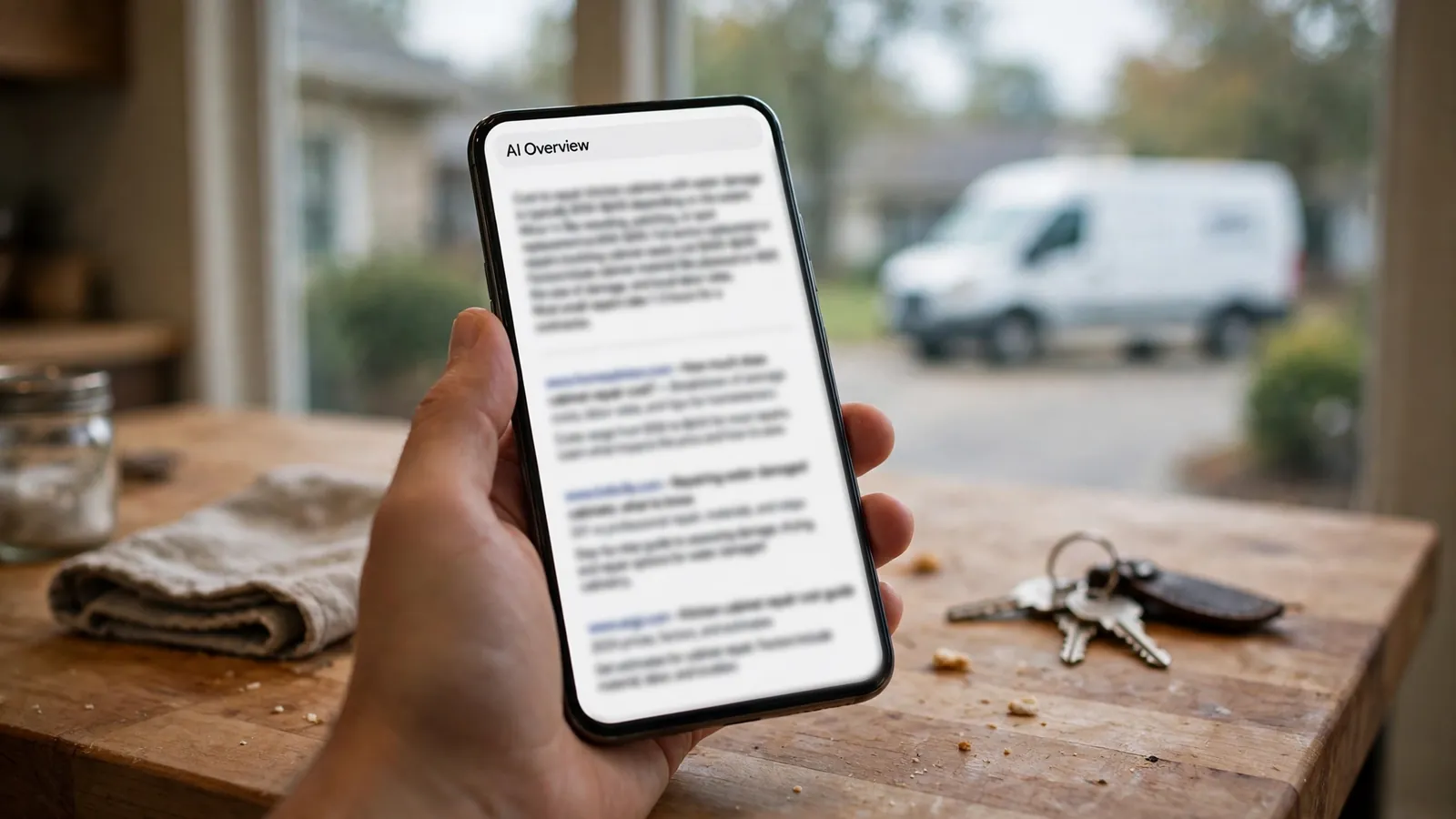 A homeowner holding a phone showing an AI search answer, with a contractor van parked outside the window