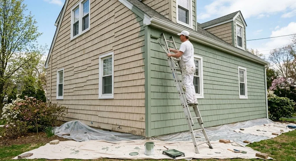 NJ house painter rolling fresh exterior paint on Cape Cod home siding