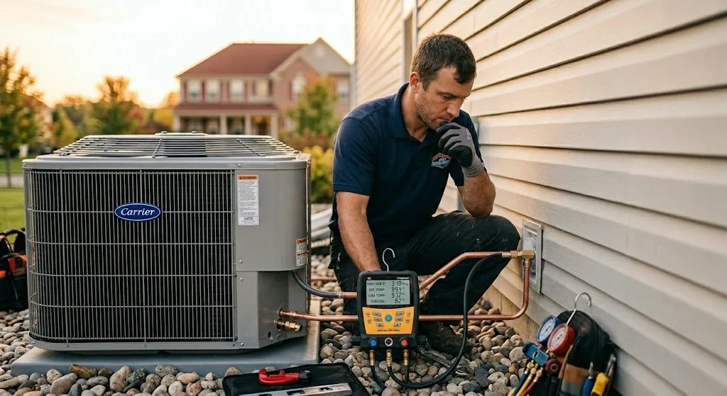 HVAC technician reading refrigerant pressure on manifold gauge during service call