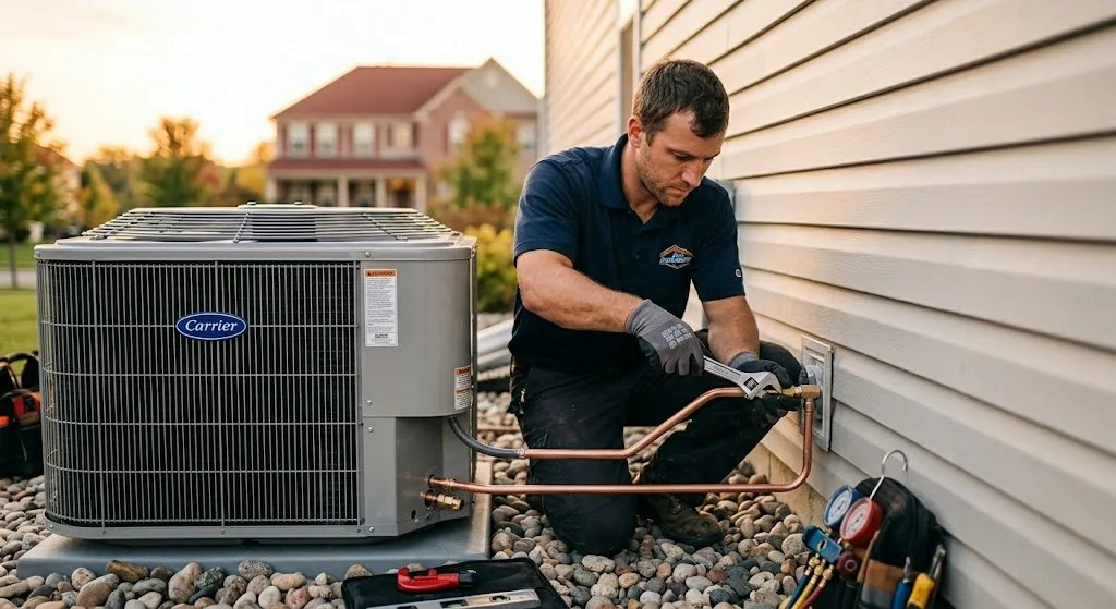 NJ HVAC technician installing outdoor AC condenser unit