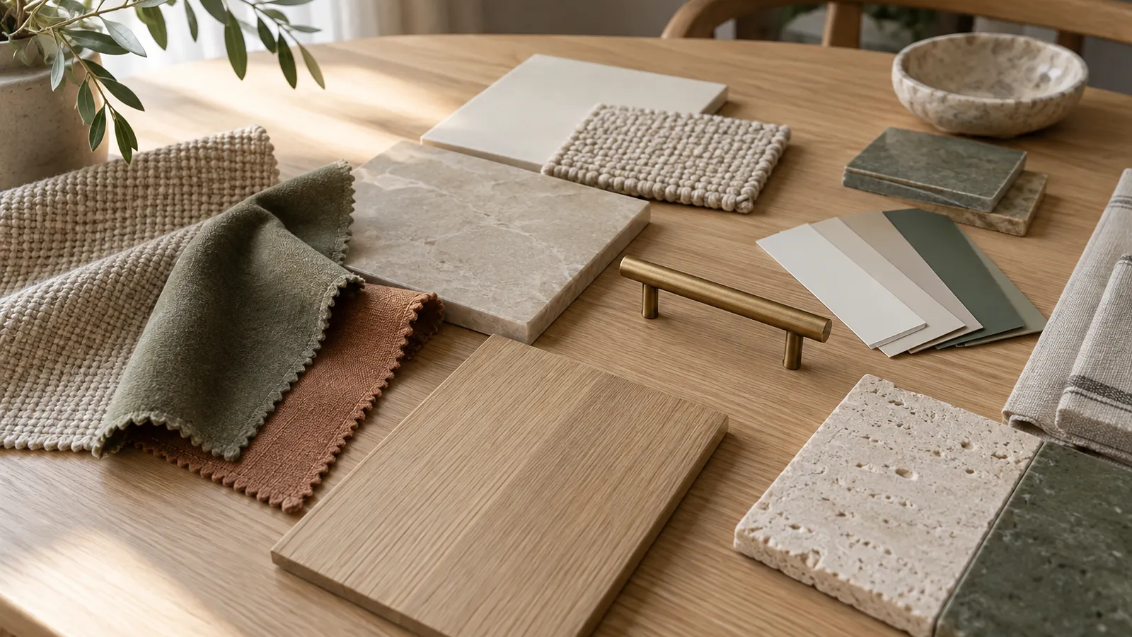 An interior design material board with fabric swatches, tile samples and paint chips on an oak table