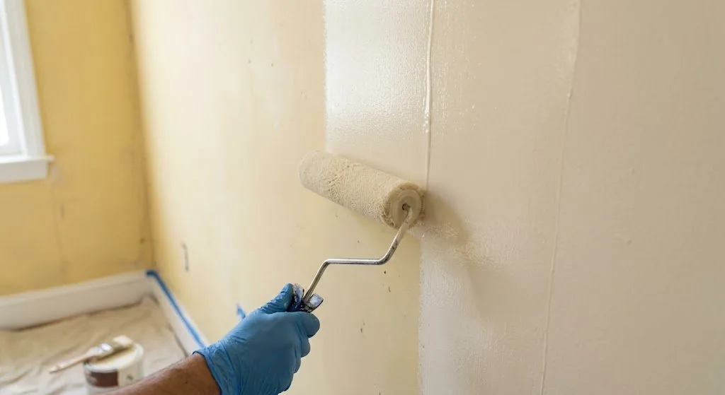 NJ interior painter rolling fresh white paint over wall, taped baseboard, drop cloth