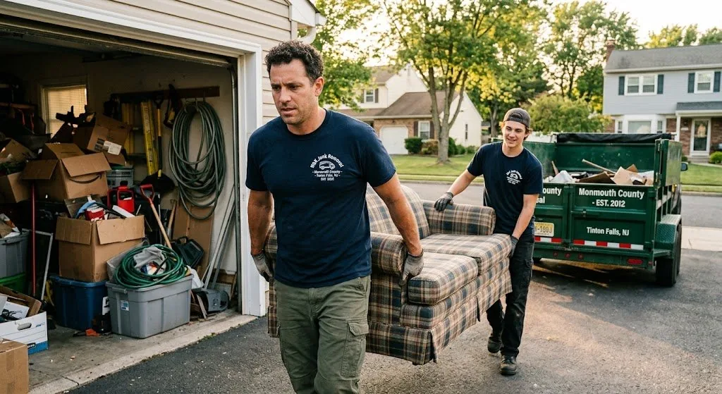 NJ junk removal crew clearing furniture during residential garage cleanout
