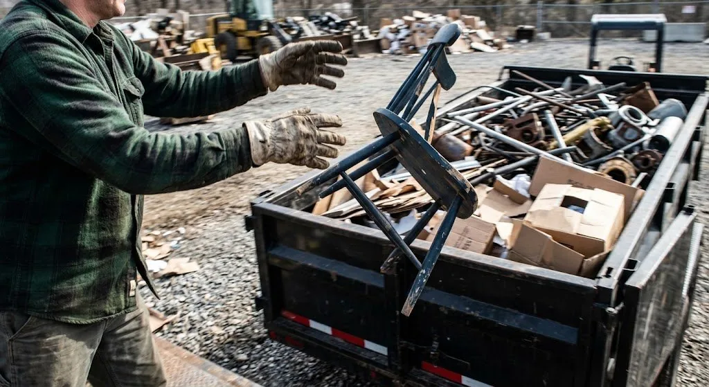 Junk removal crew loading items into dump trailer for disposal
