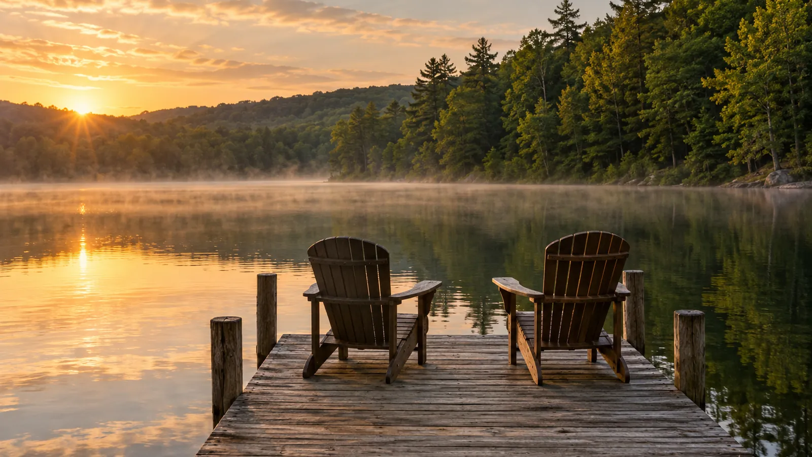 Two empty Adirondack chairs on a lakefront dock at golden hour