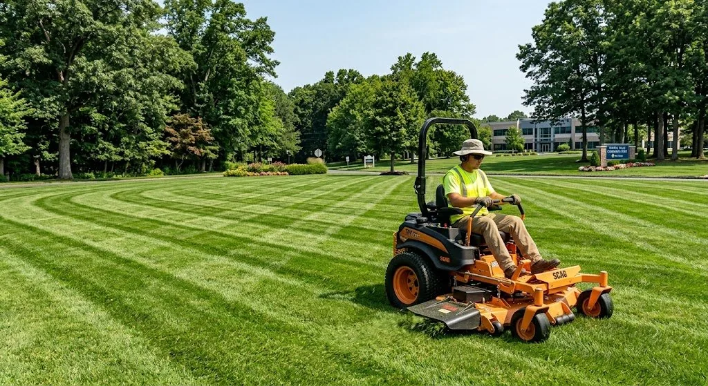 NJ landscaper mowing residential lawn with zero-turn commercial mower