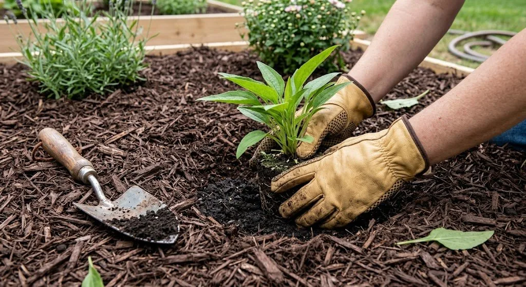 Landscaper planting perennial flowers with fresh mulch in residential bed