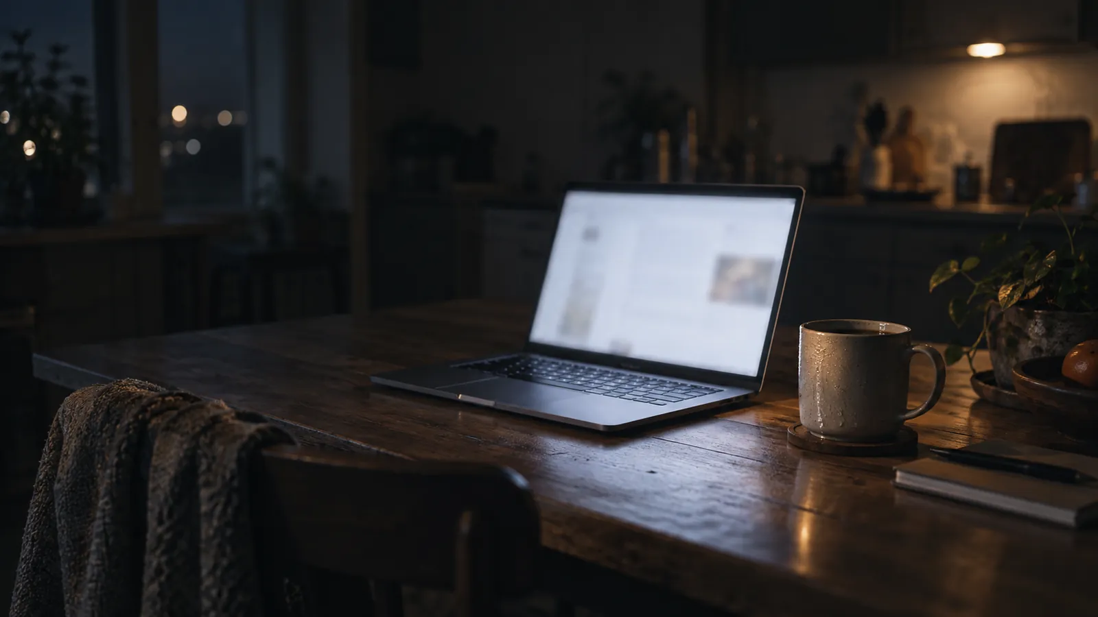 An open laptop glowing on a kitchen table at night beside a mug of coffee