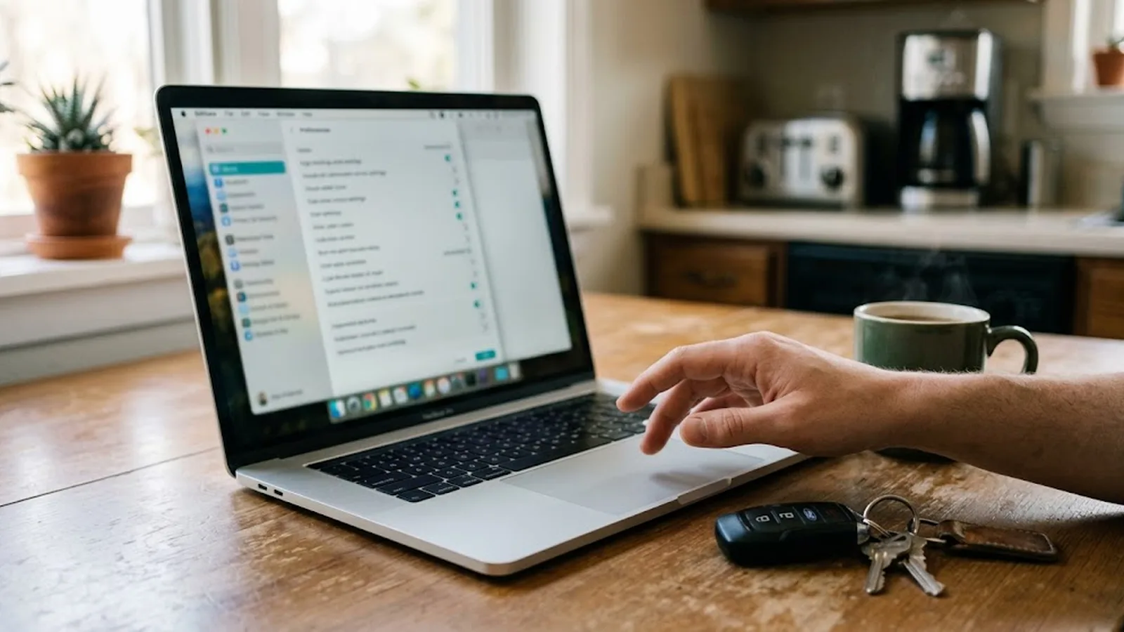 A hand on a laptop trackpad at a kitchen table, a settings screen open, truck keys beside it