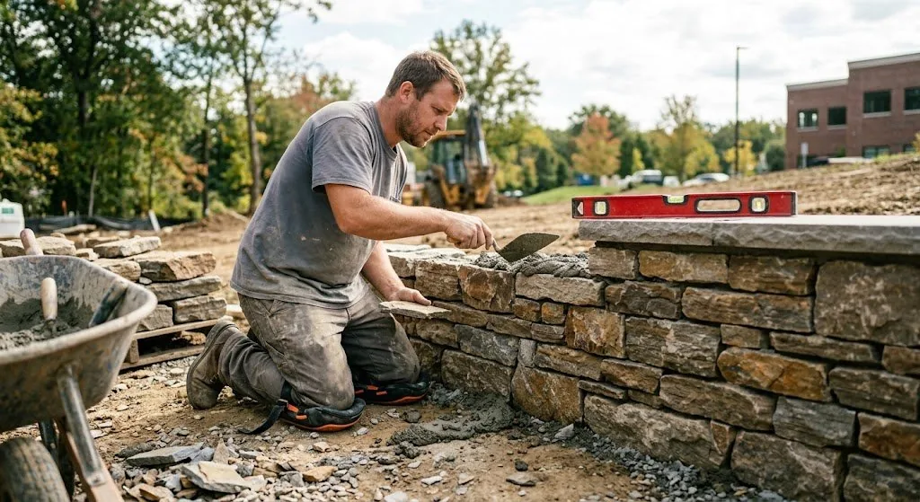 NJ mason building stone retaining wall with mortar joints