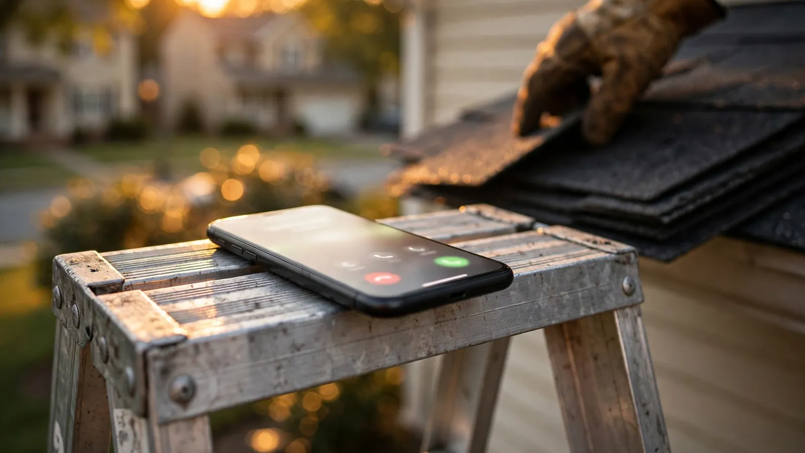 A phone with an incoming call on a ladder while a roofer works on the shingles