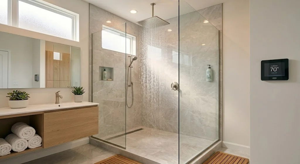 Modern bathroom rainfall shower with new plumbing installation