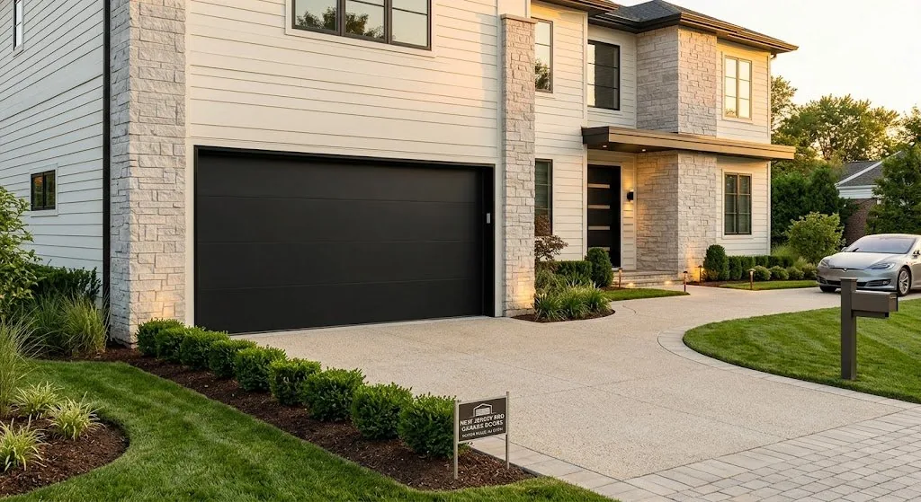 Modern flush-panel matte black garage door installed on NJ home