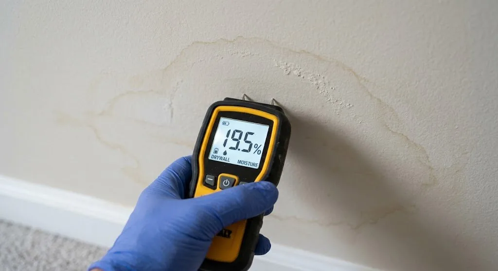 Restoration technician checking drywall for water damage with moisture meter