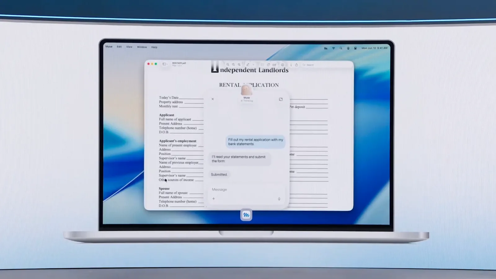 Muse filling out a rental application on a Mac from bank statements, in a Meta launch demo