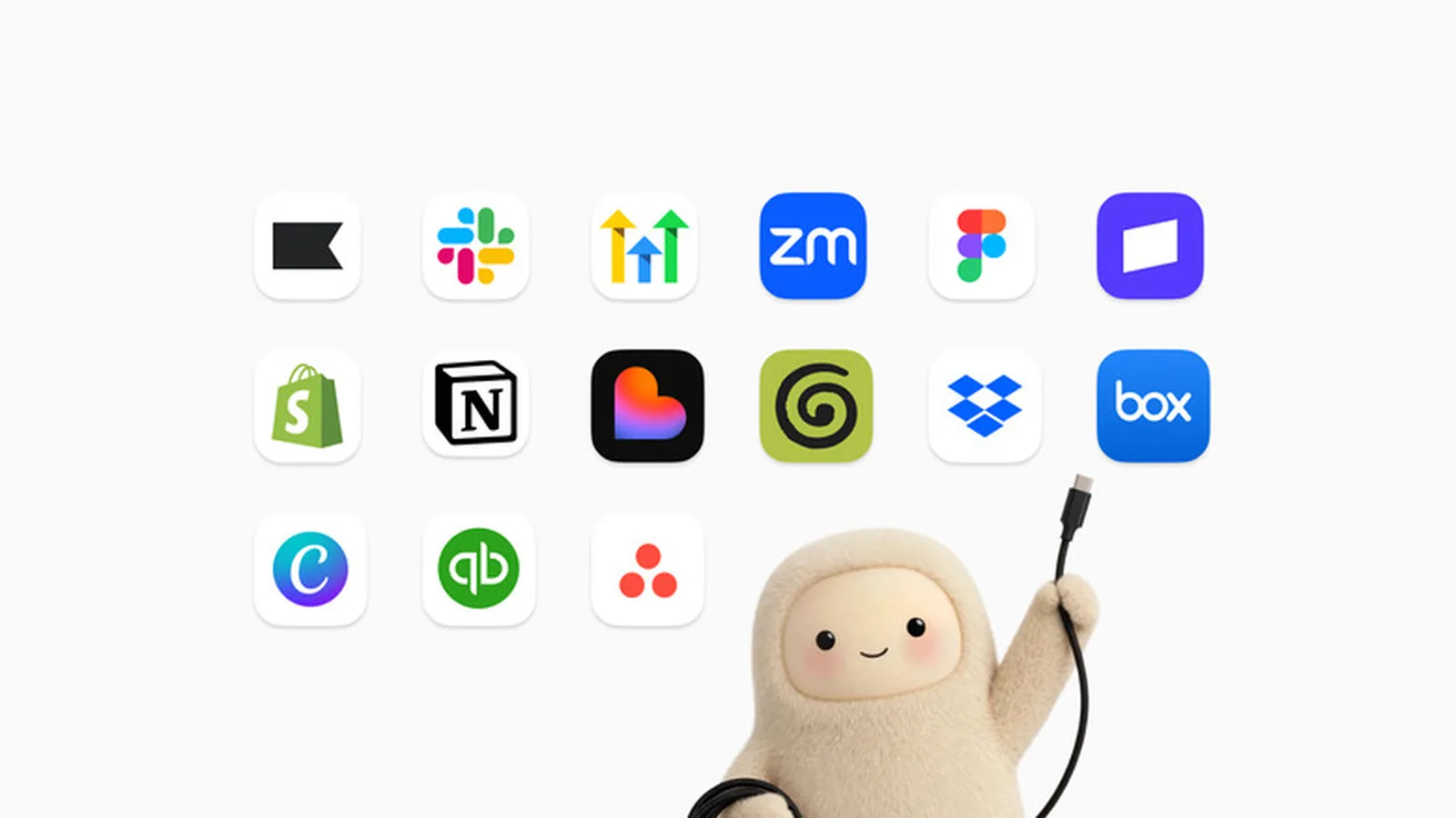 The Muse mascot holding a cable beside the app logos in Muse for Small Business, including Shopify, Slack, QuickBooks and Zoom
