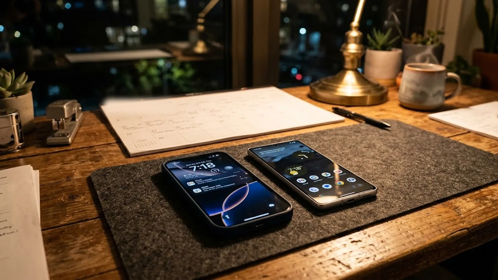 Two smartphones side by side on a desk in the evening, a paper calendar and desk lamp behind them