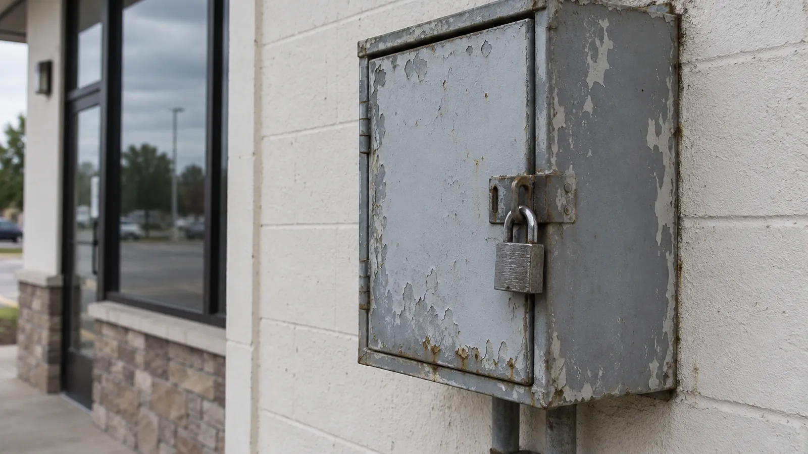 A padlocked utility box mounted on the outside wall of a small business