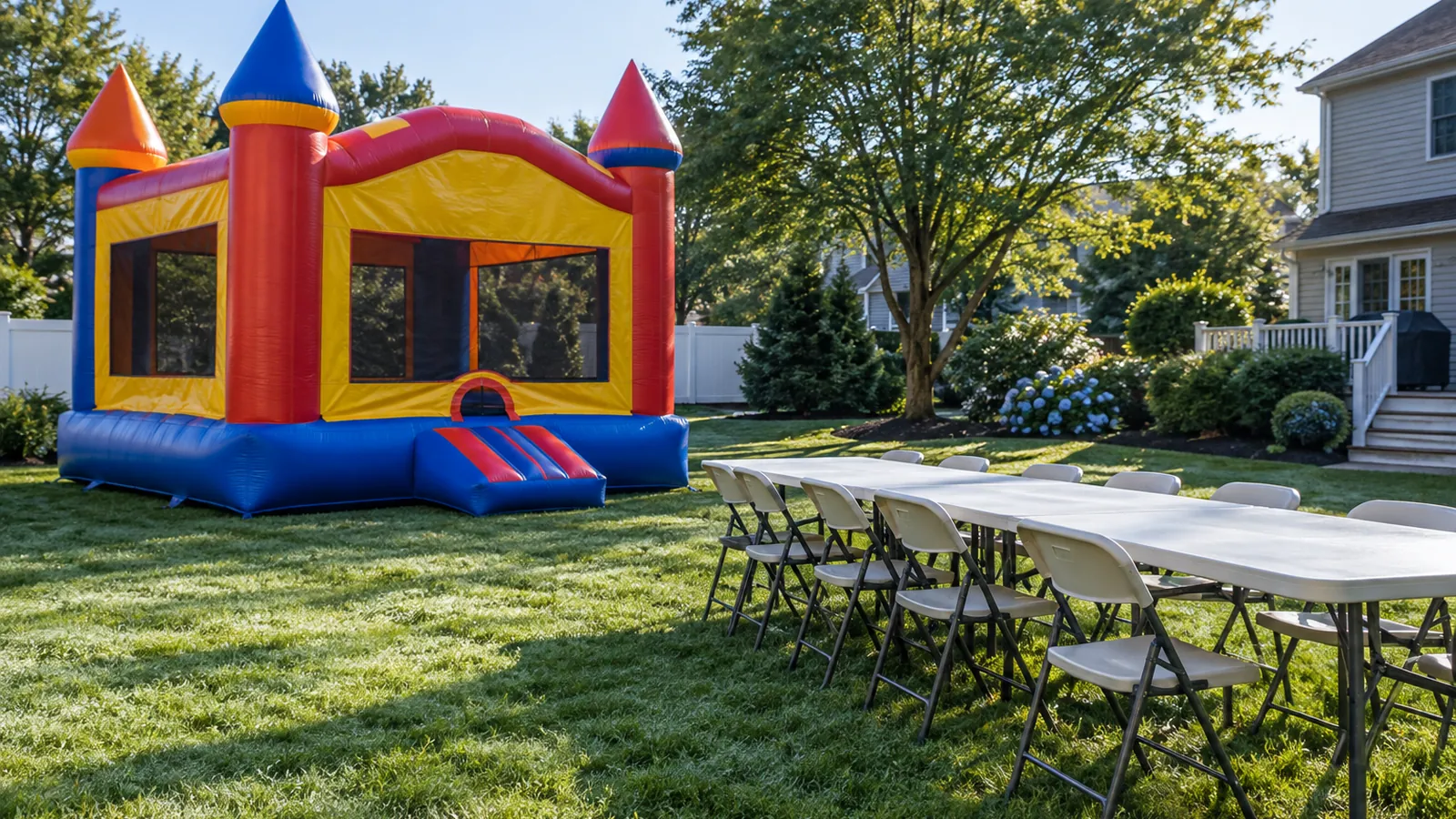 A bounce house and folding tables set up on an empty suburban backyard lawn