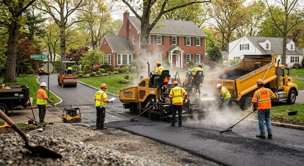 NJ paving crew laying fresh asphalt on residential driveway