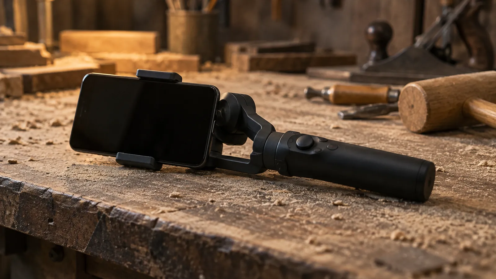 A smartphone in a handheld gimbal resting on a sawdust covered workbench