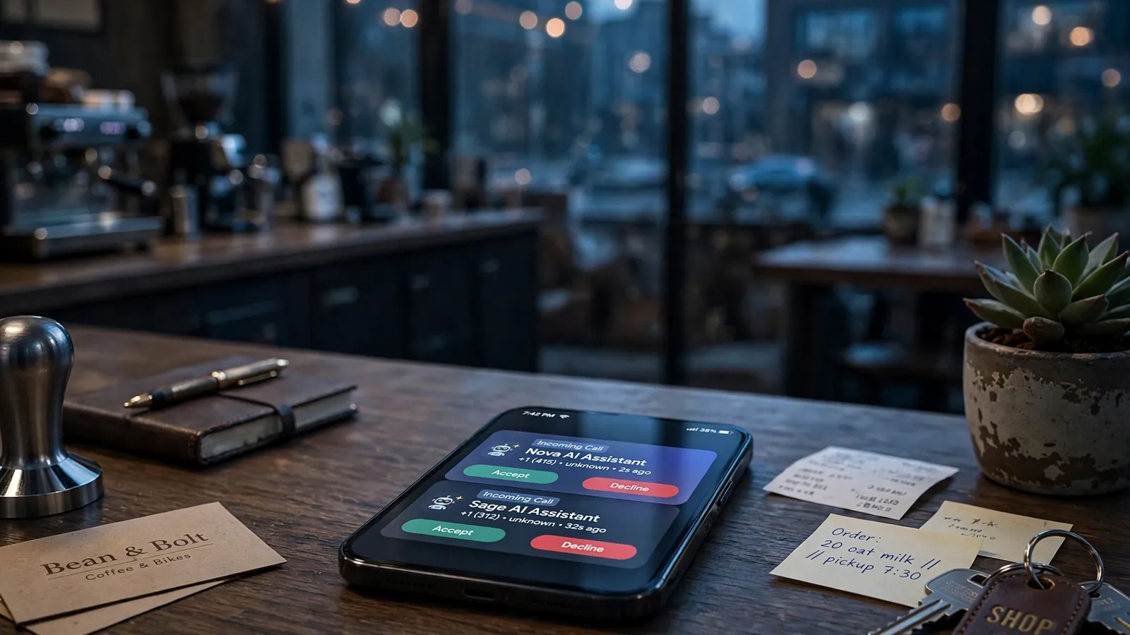 A phone on a cafe counter showing two incoming calls from AI assistants, with the shop softly lit at dusk