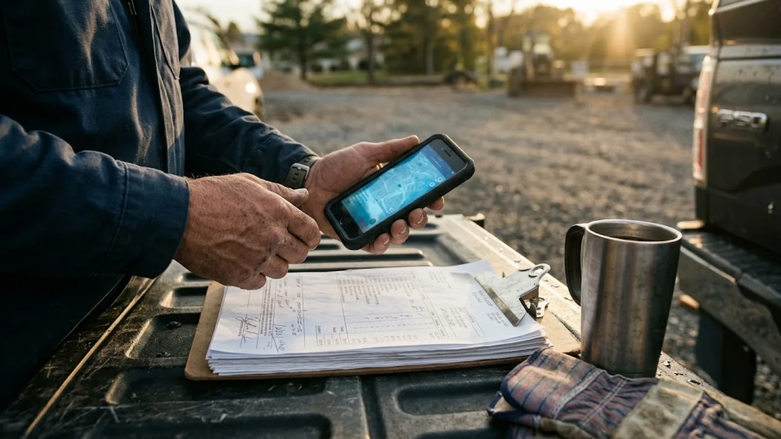A contractor checking a phone over a clipboard of invoices on a truck tailgate at a job site