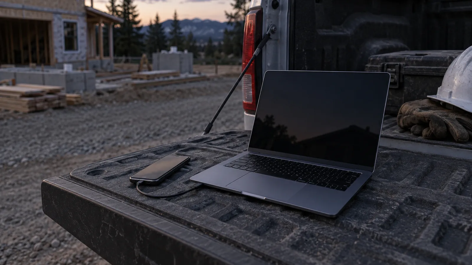 A phone and laptop connected by a cable on a truck tailgate at a job site at dusk