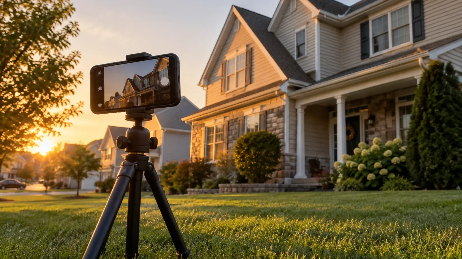 A smartphone on a tripod filming the roofline of a suburban house at golden hour