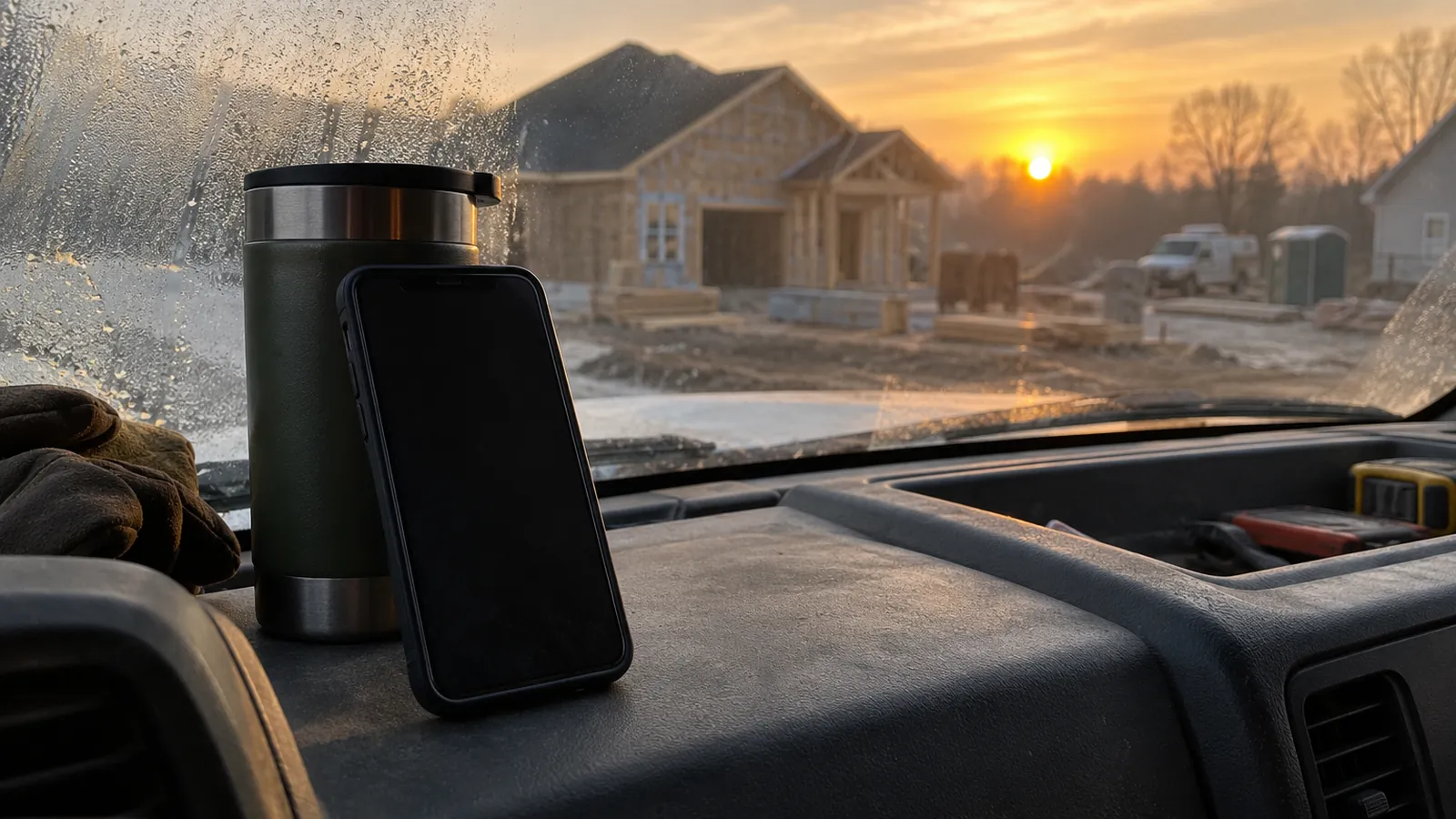 A phone propped on a work truck dashboard at sunrise with a job site through the windshield