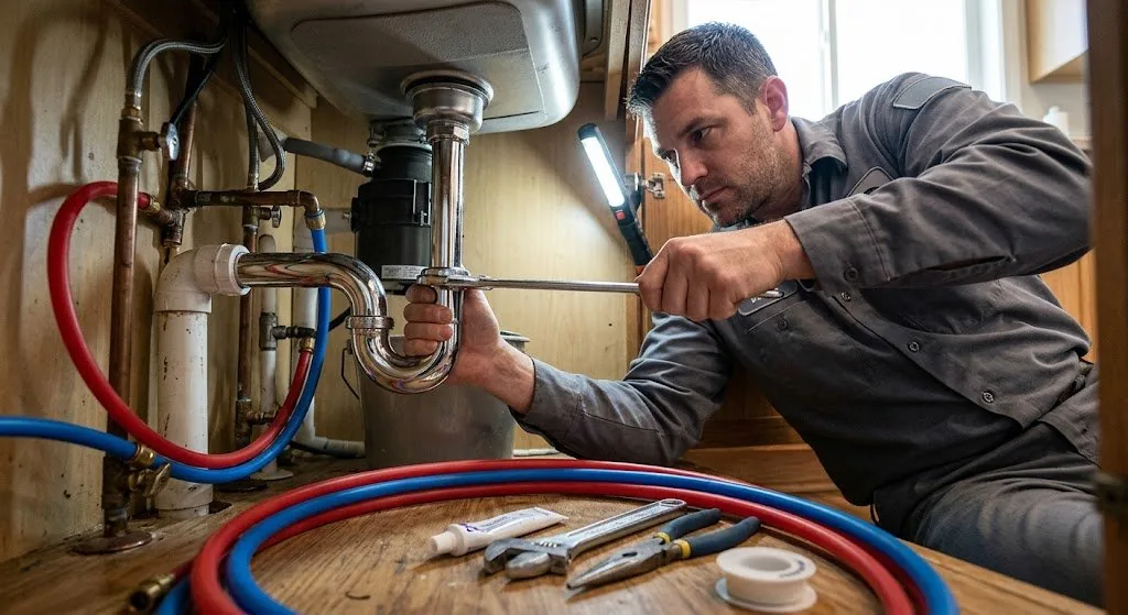 NJ plumber repairing kitchen sink P-trap during service call