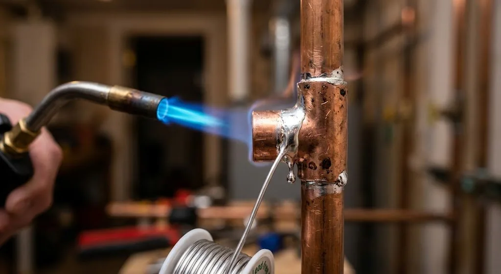 Licensed NJ plumber soldering copper pipe joint during repair