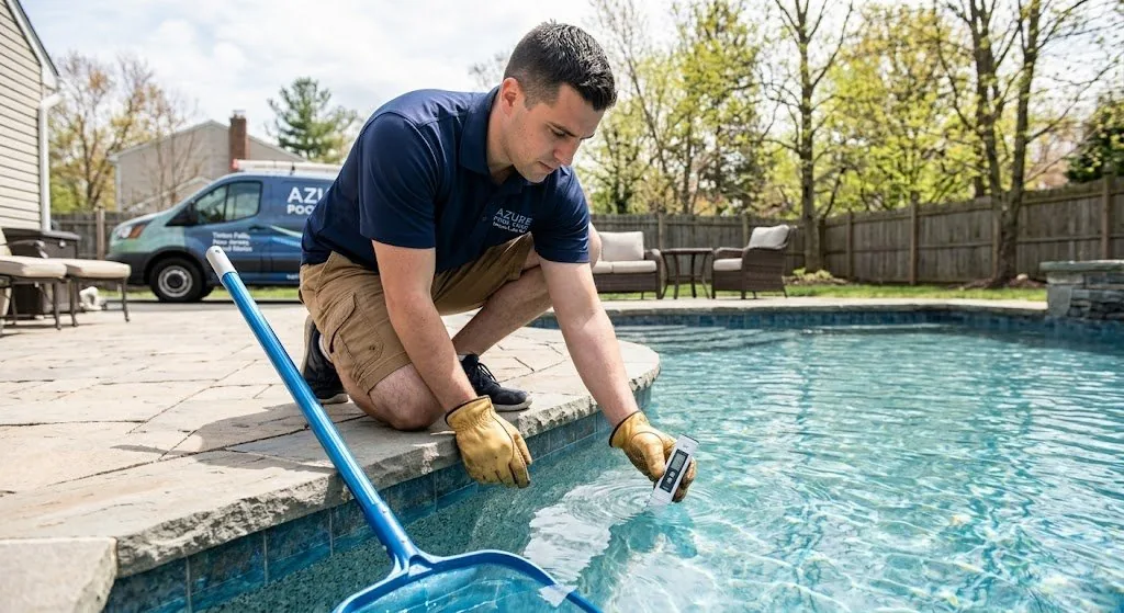 NJ pool technician testing water chemistry on backyard residential pool