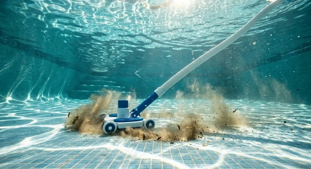 Underwater detail of pool vacuum cleaning algae from residential pool