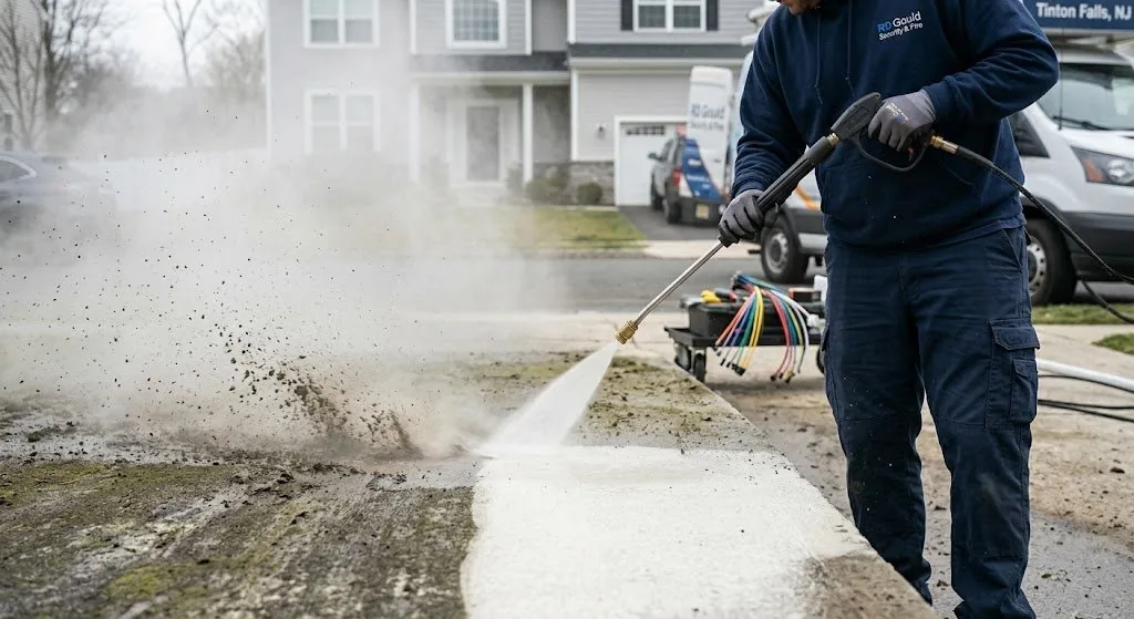 Pressure washing concrete driveway showing dramatic before/after split in Tinton Falls, NJ