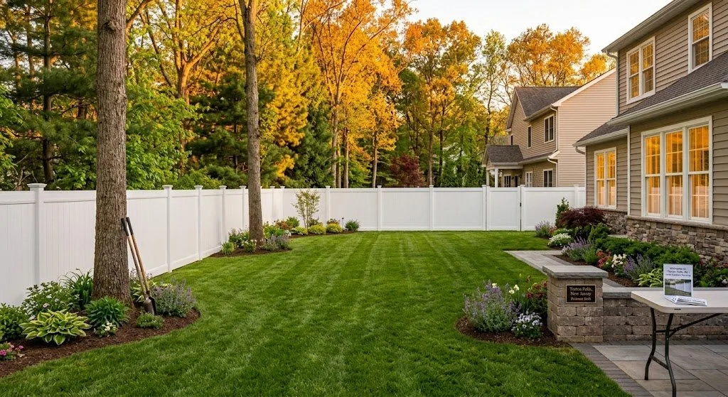 Professionally landscaped NJ front yard with natural stone walkway