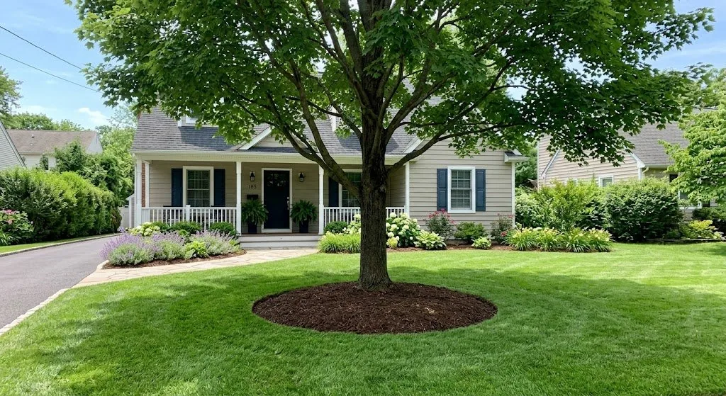 Professionally pruned mature tree in NJ residential yard