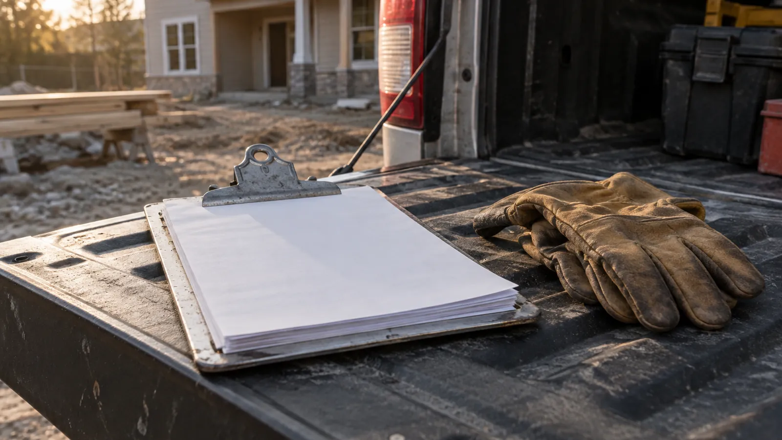 Blank quote forms on a clipboard resting on a pickup truck tailgate at a job site