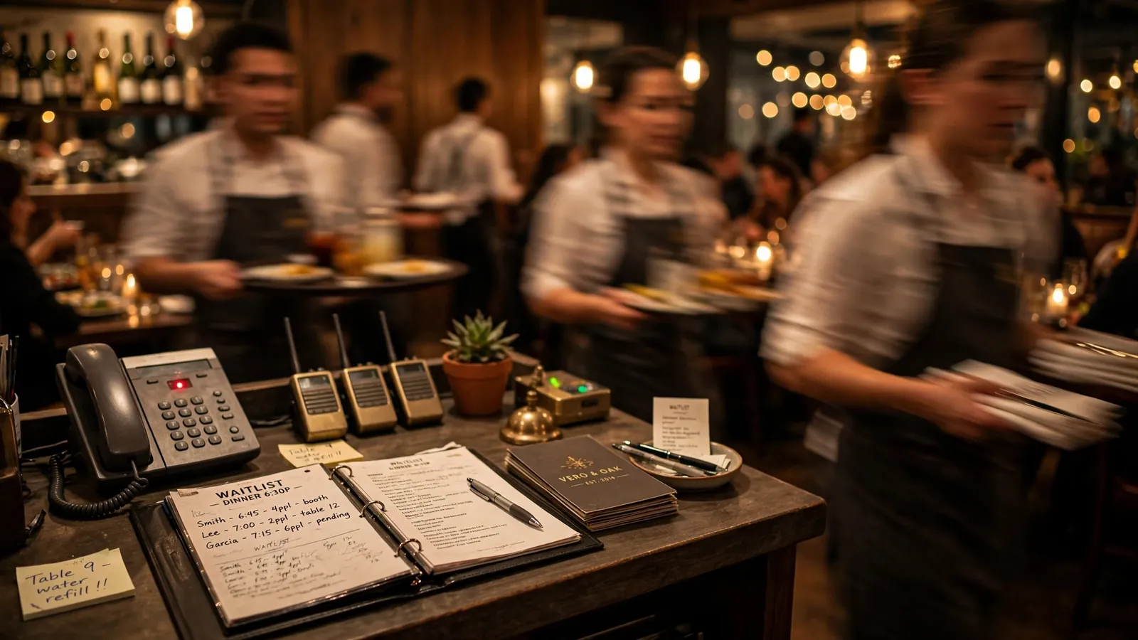 A restaurant host stand during the dinner rush with a desk phone, a handwritten waitlist and servers rushing past in a blur