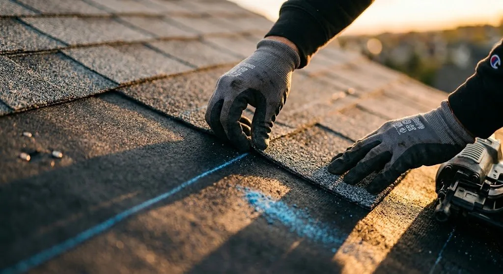 Close-up of roofer hands installing architectural shingle with nail gun