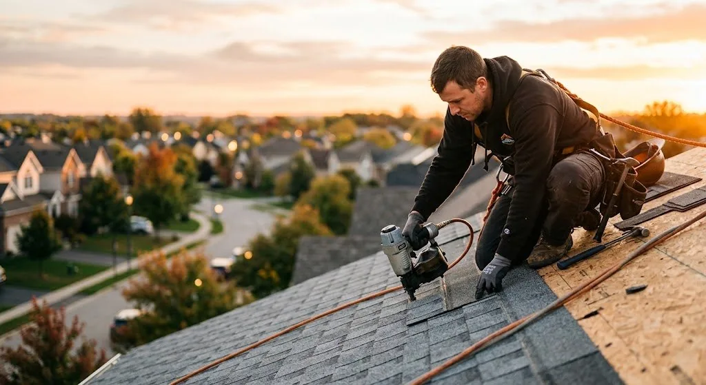 Licensed NJ roofer installing architectural shingles on residential roof