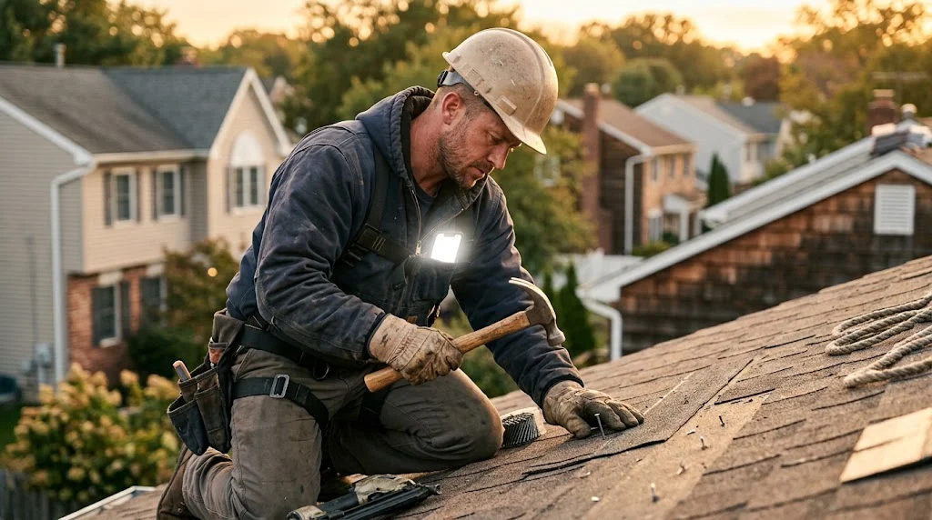A roofer nailing shingles on a suburban roof at golden hour while the phone on his chest lights up with a call