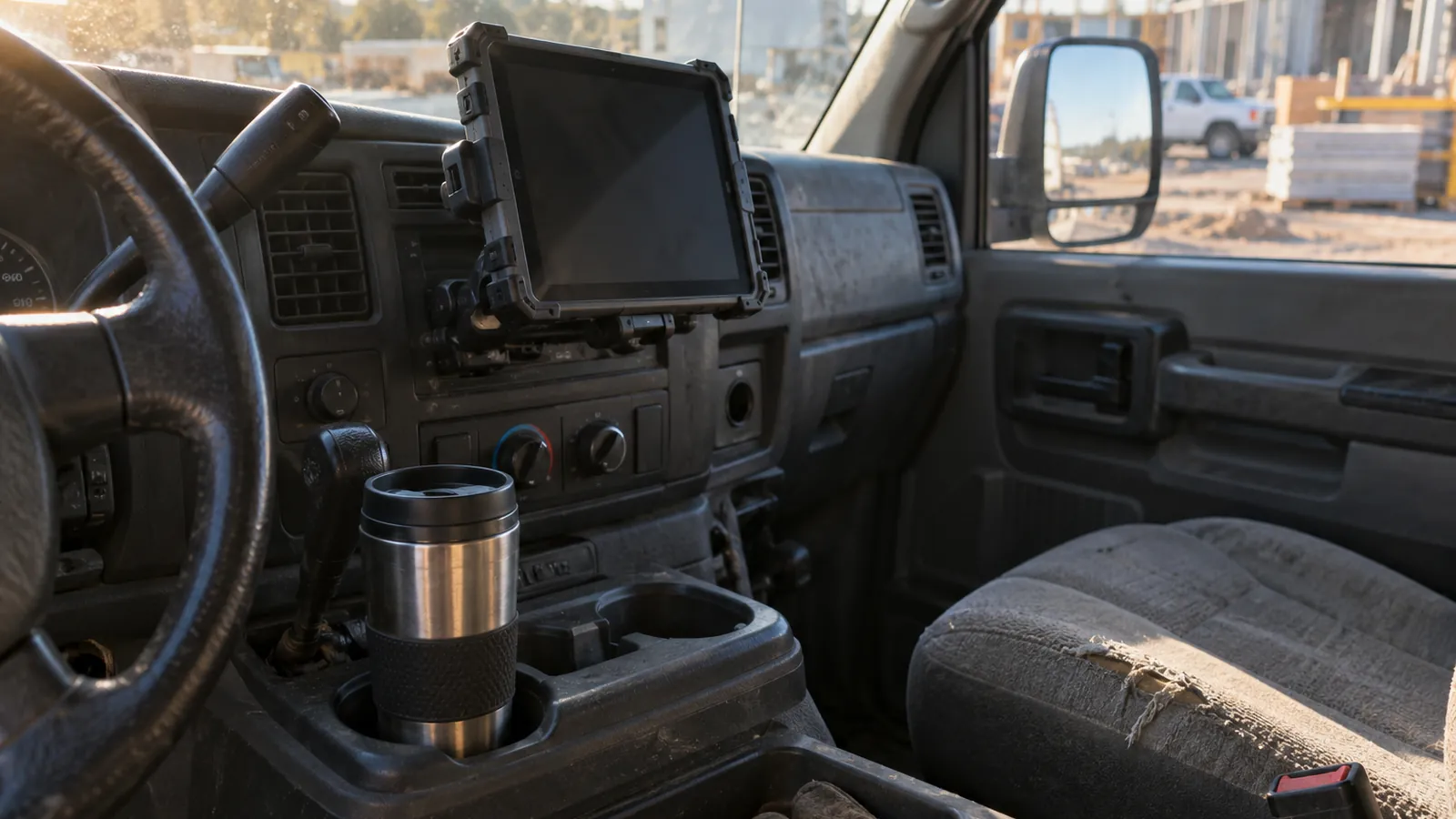 A rugged tablet mounted on the dashboard inside a work van cab in morning light