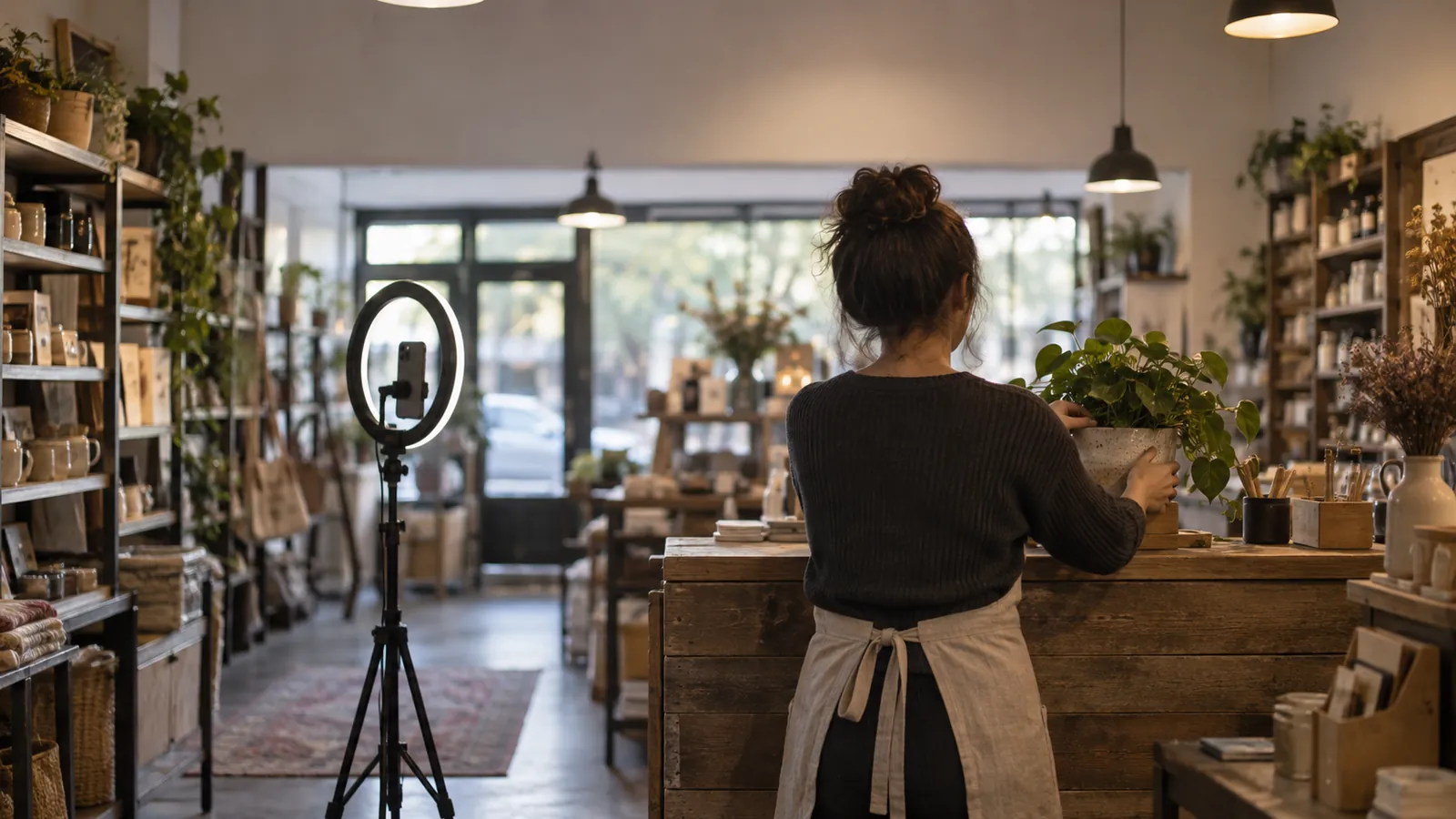 A ring light and phone tripod set up inside a small local storefront before opening